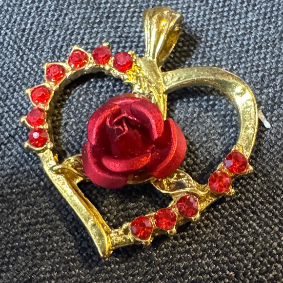 Gold Heart Pendant with Red Rose Accents - Picture 4 of 5